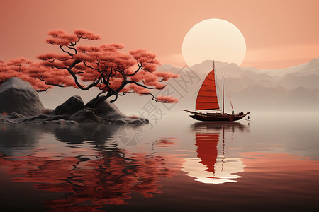 湖面上的红色小船图片