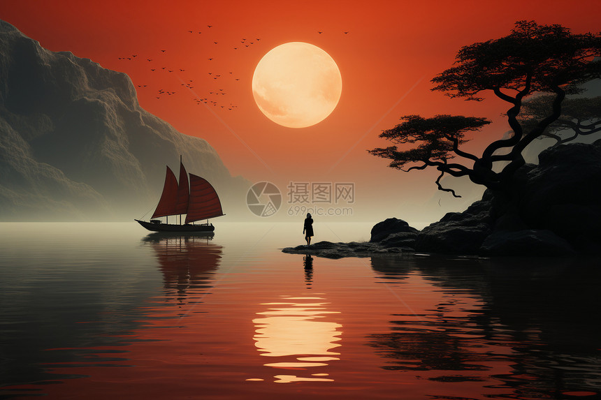 中国风元素的山水插图图片