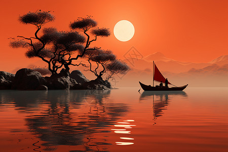 日落时水域上的一艘船图片