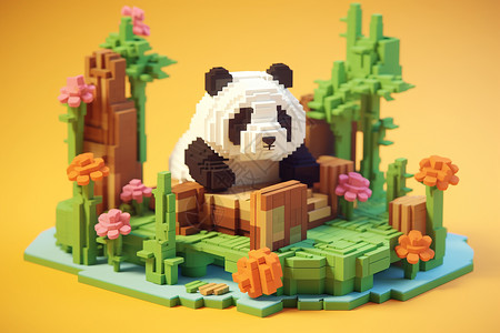 像素块植物熊猫的像素积木背景