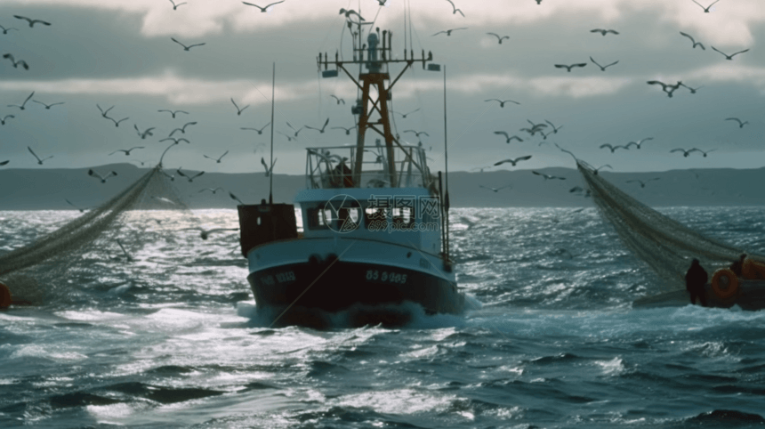 大海上出海捕鱼作业的渔船图片