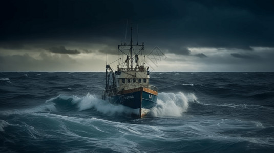 海洋中大风浪中的渔船图片