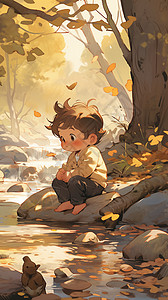 秋天森林中玩耍的小男孩图片