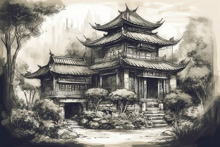 传统的中国房屋屋檐弯曲郁郁葱葱图片