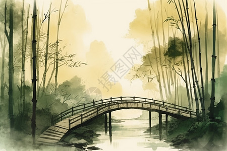 中国风竹林和竹桥图片