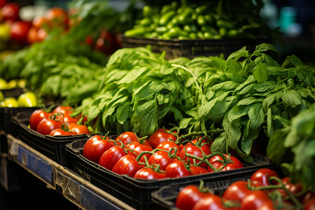 红色货架菜场里的蔬菜和番茄背景
