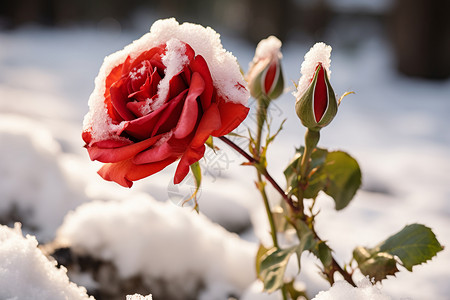 雪霜覆盖的红玫瑰高清图片