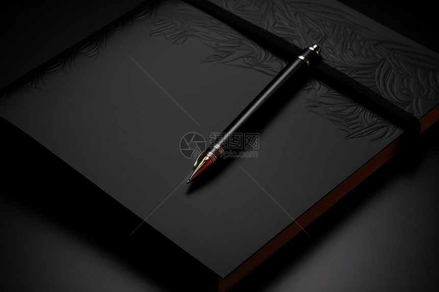 精致的钢笔和黑色笔记本图片