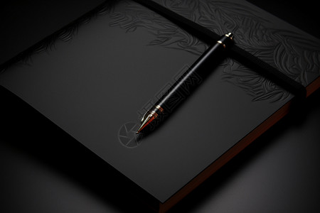 精致的钢笔和黑色笔记本背景图片