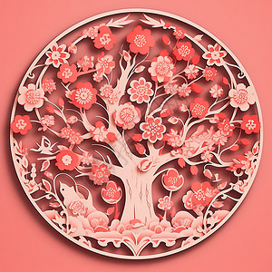 圆形扇面优美的桃树图案剪纸插画