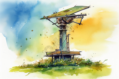 一幅太阳能风车的水彩画背景图片