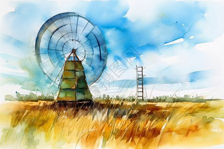 太阳能风车的水彩画图片