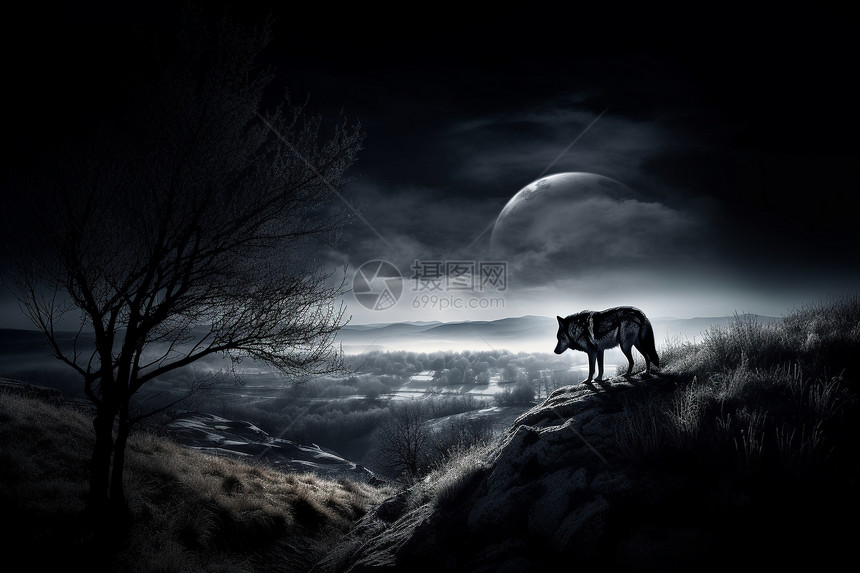 夜空下的野狼背景图片
