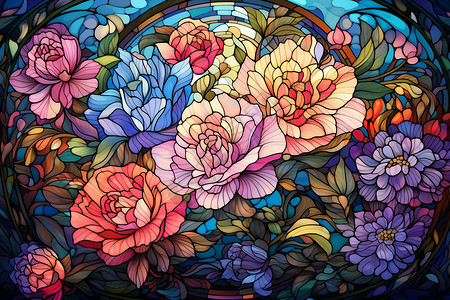 彩色玻璃建筑美丽的花卉背景插画