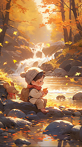森林中玩耍的卡通小男孩背景图片