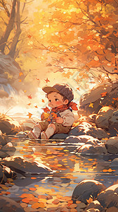 河边享受秋天景色的小男孩图片