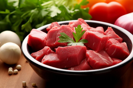 新鲜的切丁牛肉食材高清图片