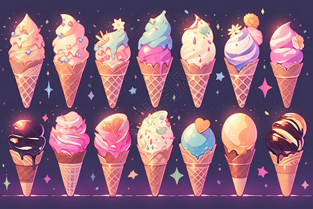 多种口味的冰淇淋甜筒插画