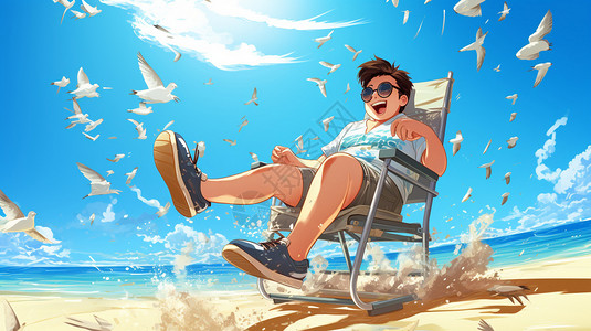 穿泳裤男孩沙滩椅上的男孩（旅游出行）插画