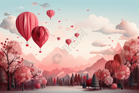 剪纸风粉色树粉色的浪漫背景插画