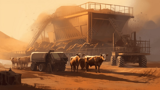 奶牛养殖场自主喂牛机械的绘画插画