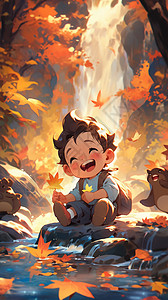 秋天森林中可爱的小男孩图片