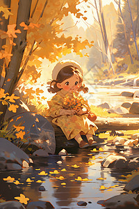 森林河边玩耍的小女孩插画