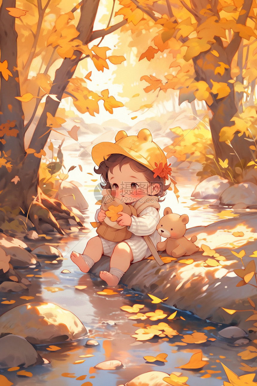 秋天森林河边的小女孩图片