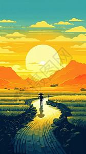 中国风农村水稻田平面插图背景图片