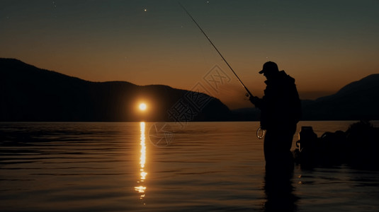 夜晚河边喜爱钓鱼的男人高清图片