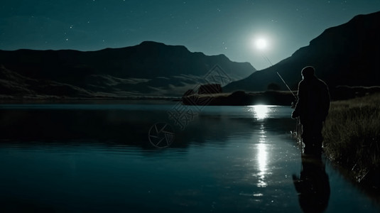 夜晚河边钓鱼的男人图片