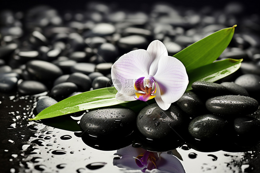 黑色鹅卵石上的花朵图片