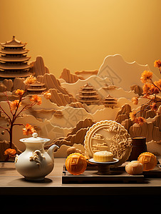 中秋节月饼装饰一盘美味的月饼背景