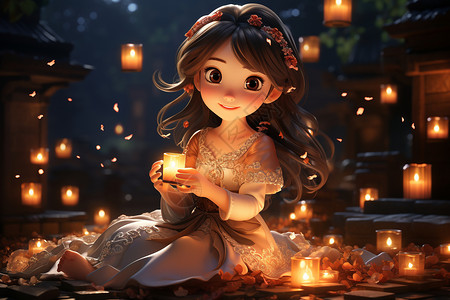 拿着灯笼的少女拿着蜡烛的少女插画