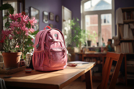 粉红色的背包放在桌子上图片