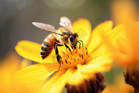 黄色动物蜜蜂在花蕊上采蜜背景