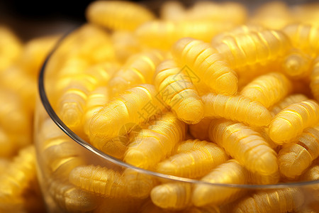 黄色蚕蛹碗中的金色蚕蛹背景