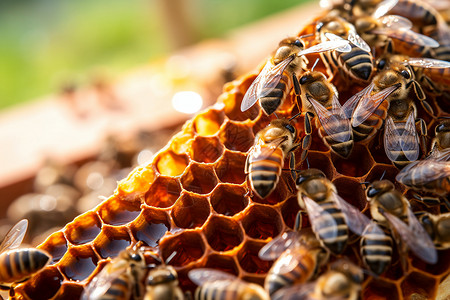 金色蜂窝背景蜂巢上忙碌的小蜜蜂背景