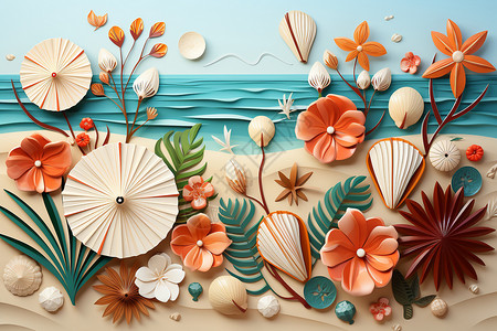 热带沙滩风情立体贴纸背景图片