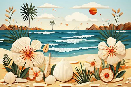 创意热带沙滩卡通插图图片