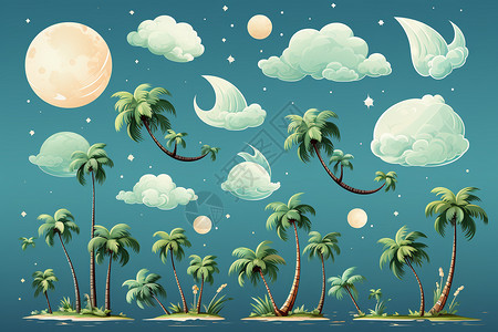 热带之夜夜空下的椰子树动画插图插画