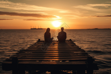 日落时海边木桥上的情侣图片