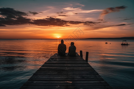 夫妇坐在码头上看海背景图片