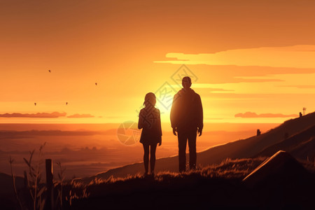 草原上观看日落的情侣背景图片