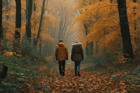 秋天森林中散步的夫妻图片
