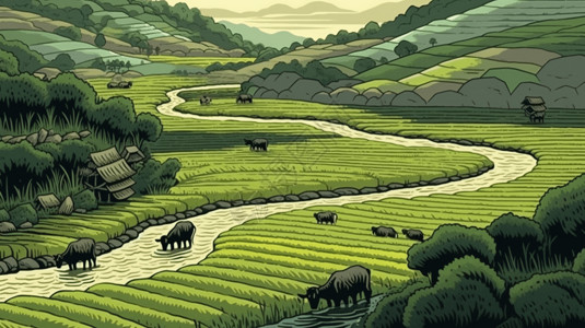 农业种植园农业田野中耕作的牛群插画