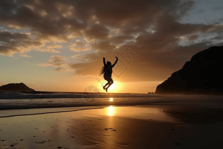沙滩上跳跃的女子图片