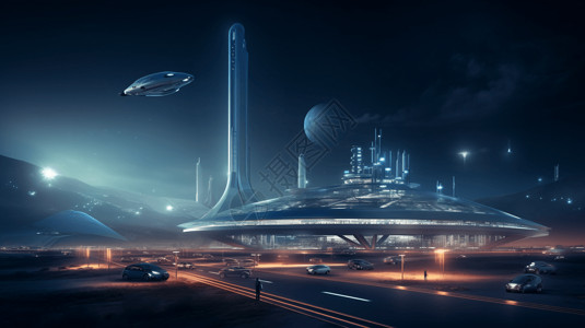 未来派太空港全景背景图片