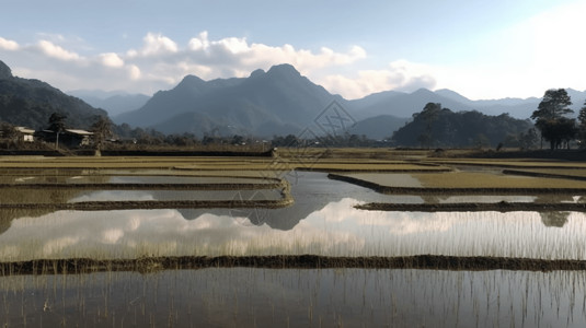 夏季乡村水稻种植田景观图片