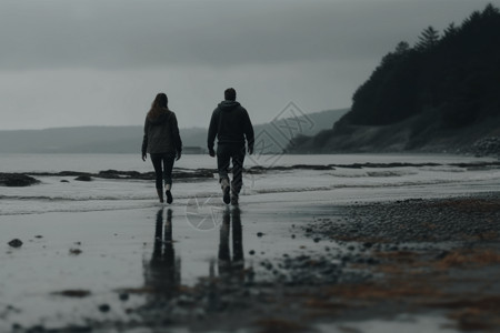 秋季沙滩上散步的情侣图片